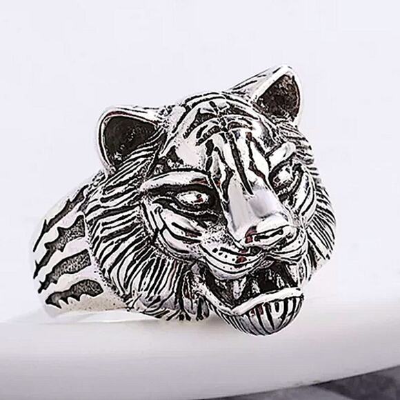 STERLING SILVER LUON TIGER HEAD PUNK VIKING RING - Picture 2 of 6